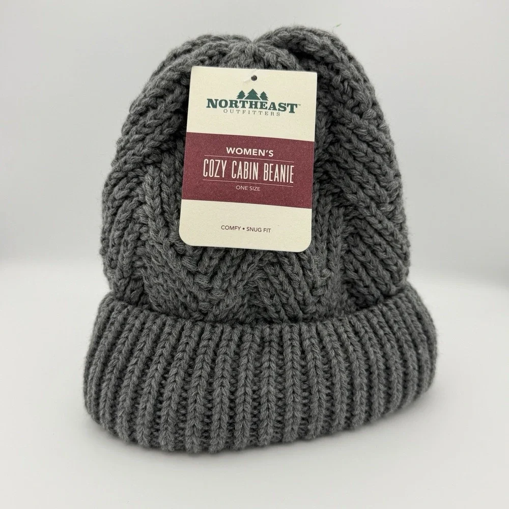 Northeast Outfitters Cozy Cabin Beanie Women's Grey Fleece Lined Knit Winter Hat